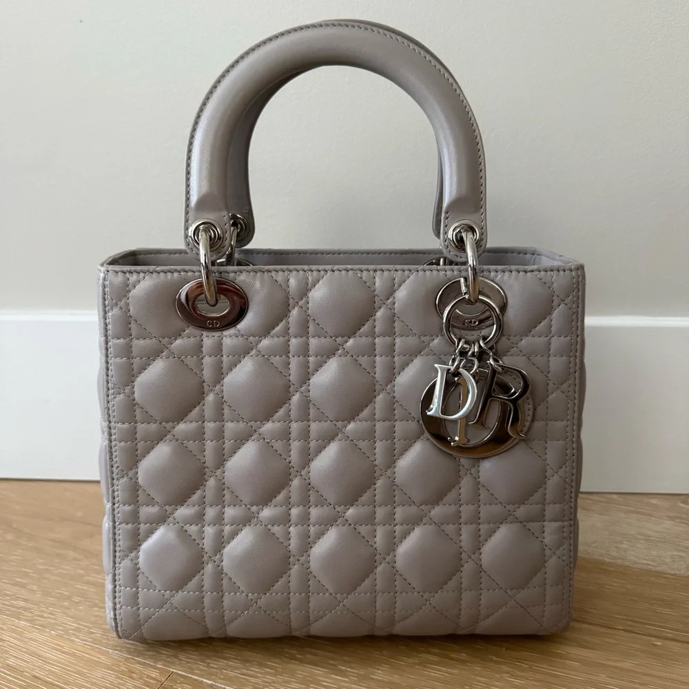 Lady Dior Medium Cannage Lambskin Gray Silver Hardware Vintage Authentic